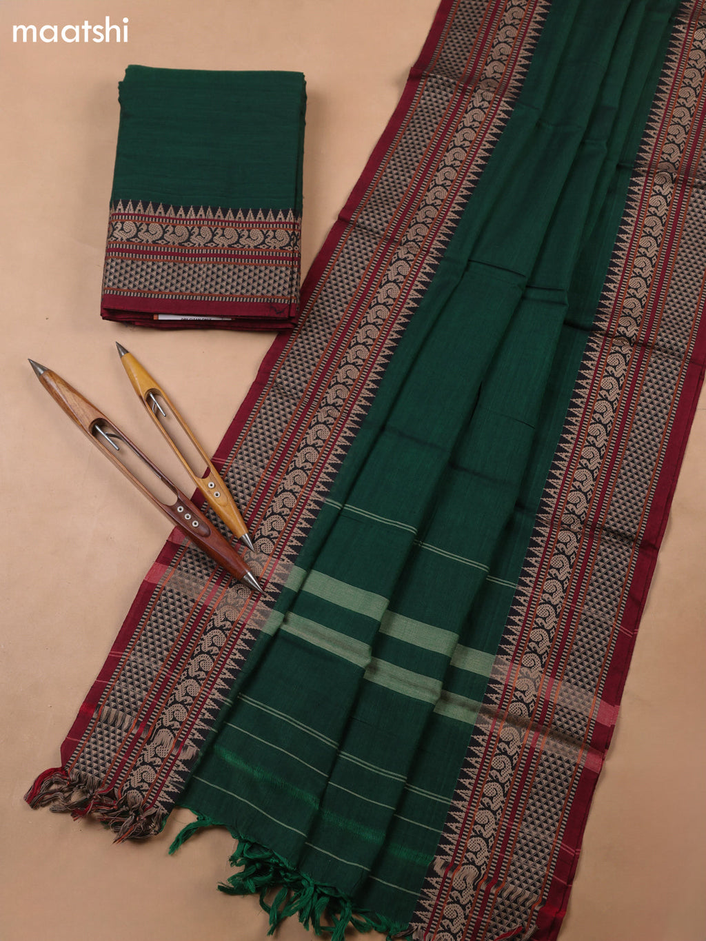 Green Narayanpet Cotton Dress Materials With A Plain Body and Temple Design Thread-Woven Border