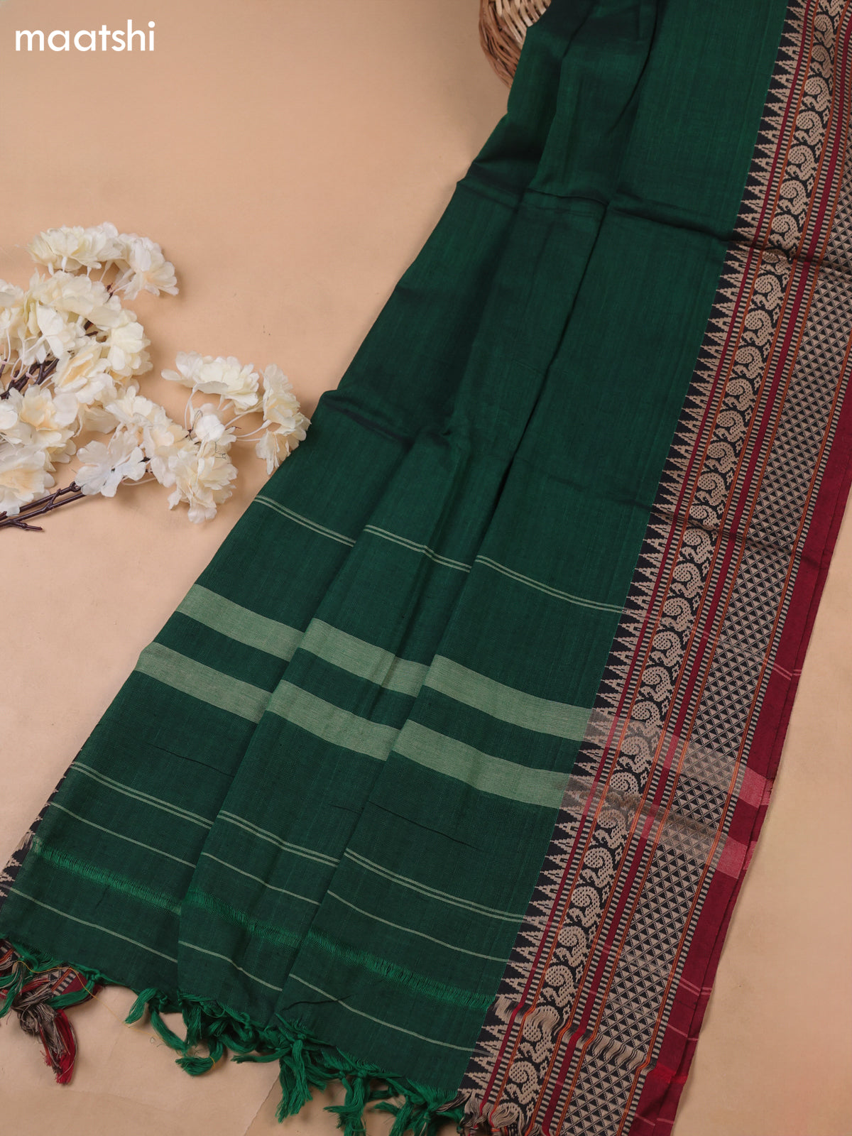 Green Narayanpet Cotton Dress Materials With A Plain Body and Temple Design Thread-Woven Border