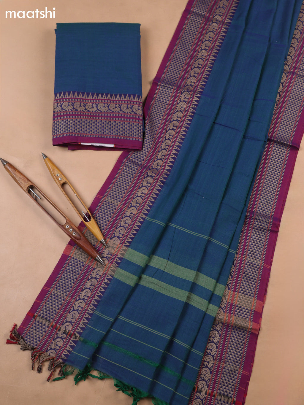 Bluish Green Shade Narayanpet Cotton Dress Materials With A Plain Body and Temple Design Thread-Woven Border