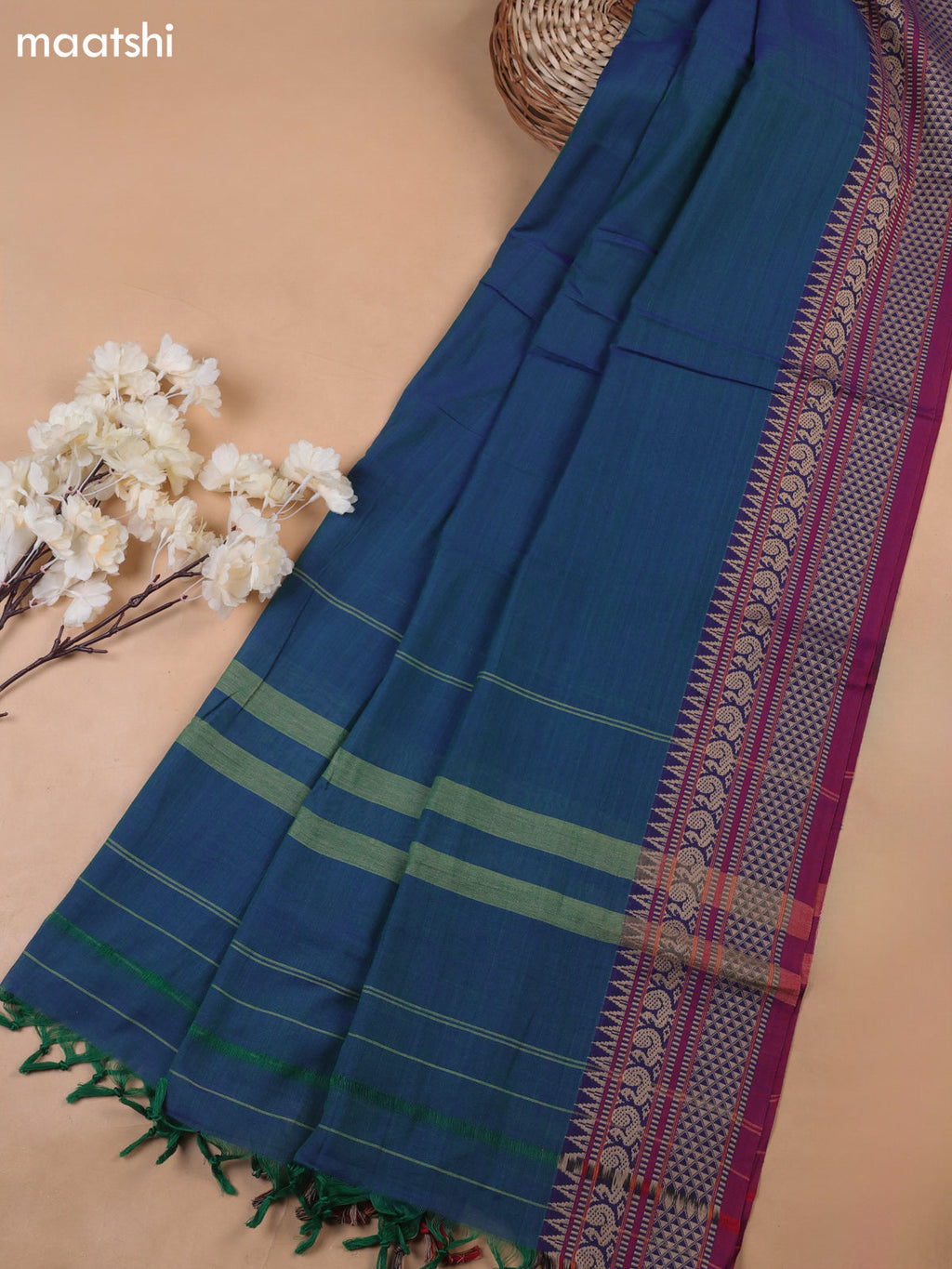 Bluish Green Shade Narayanpet Cotton Dress Materials With A Plain Body and Temple Design Thread-Woven Border