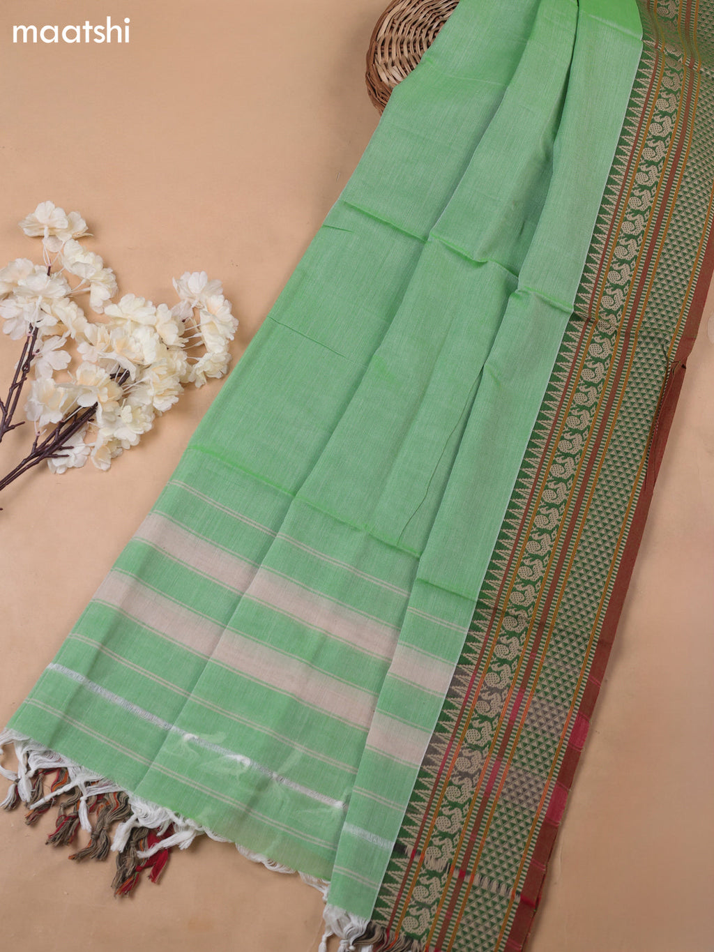 Green Narayanpet Cotton Dress Materials With A Plain Body and Temple Design Thread-Woven Border