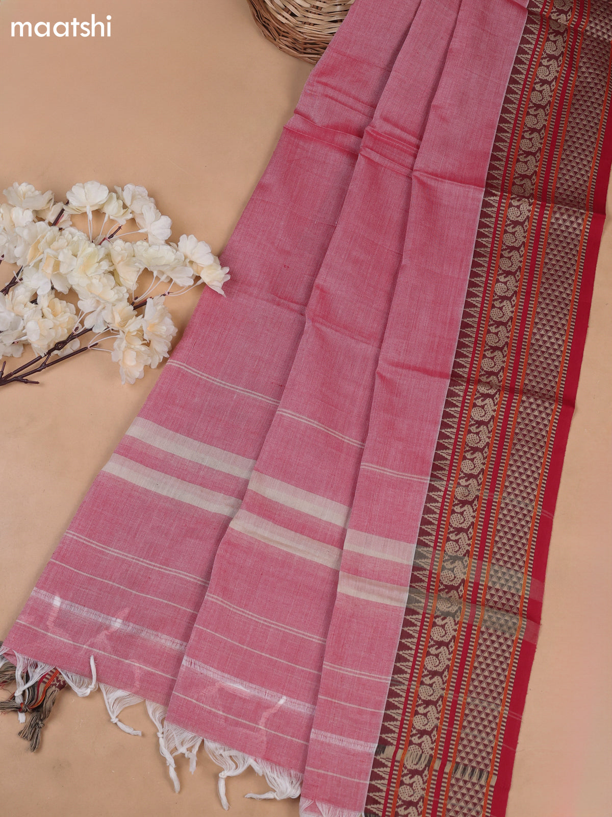 Pink Narayanpet Cotton Dress Materials With A Plain Body and Temple Design Thread-Woven Border