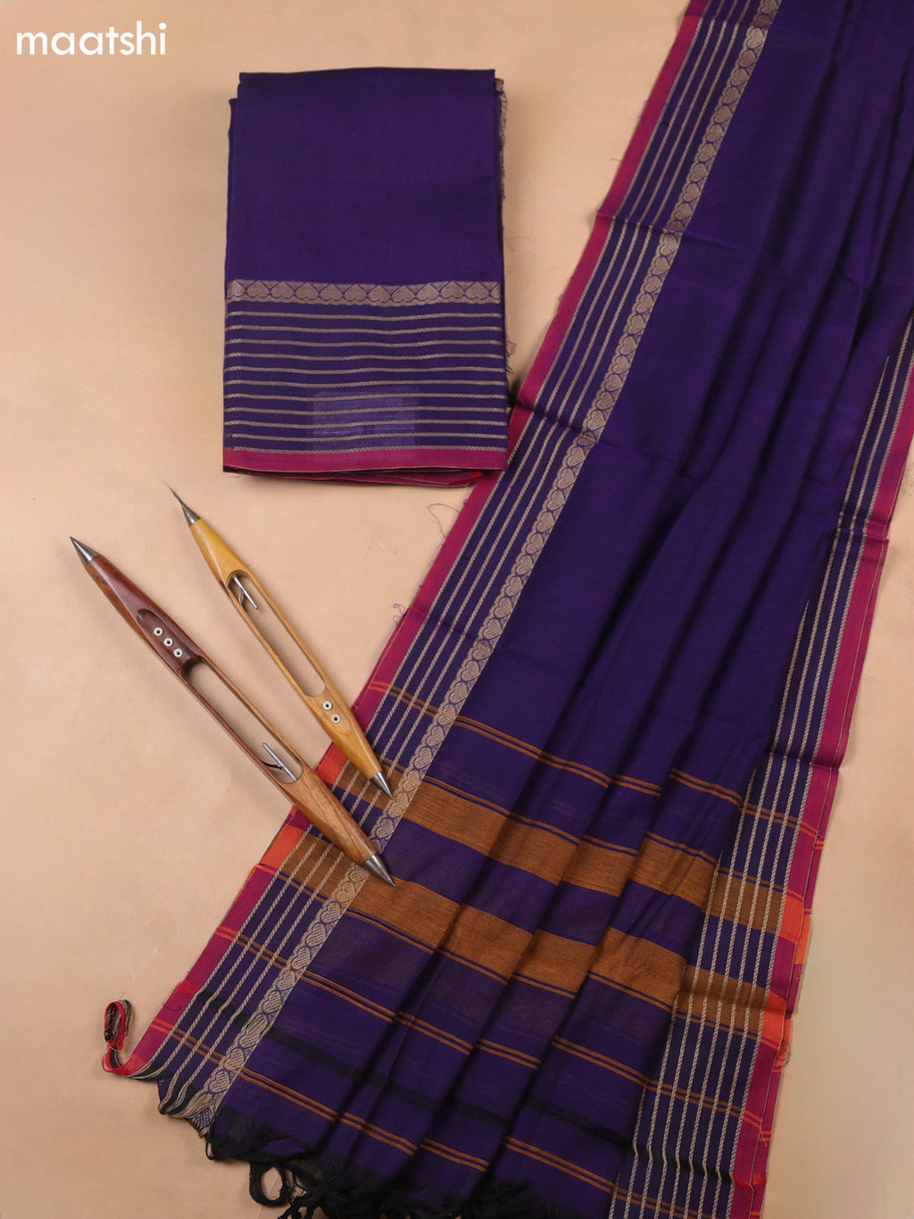 Deep Violet Narayanpet Cotton Dress Materials With A Plain Body and Temple Design Thread-Woven Border