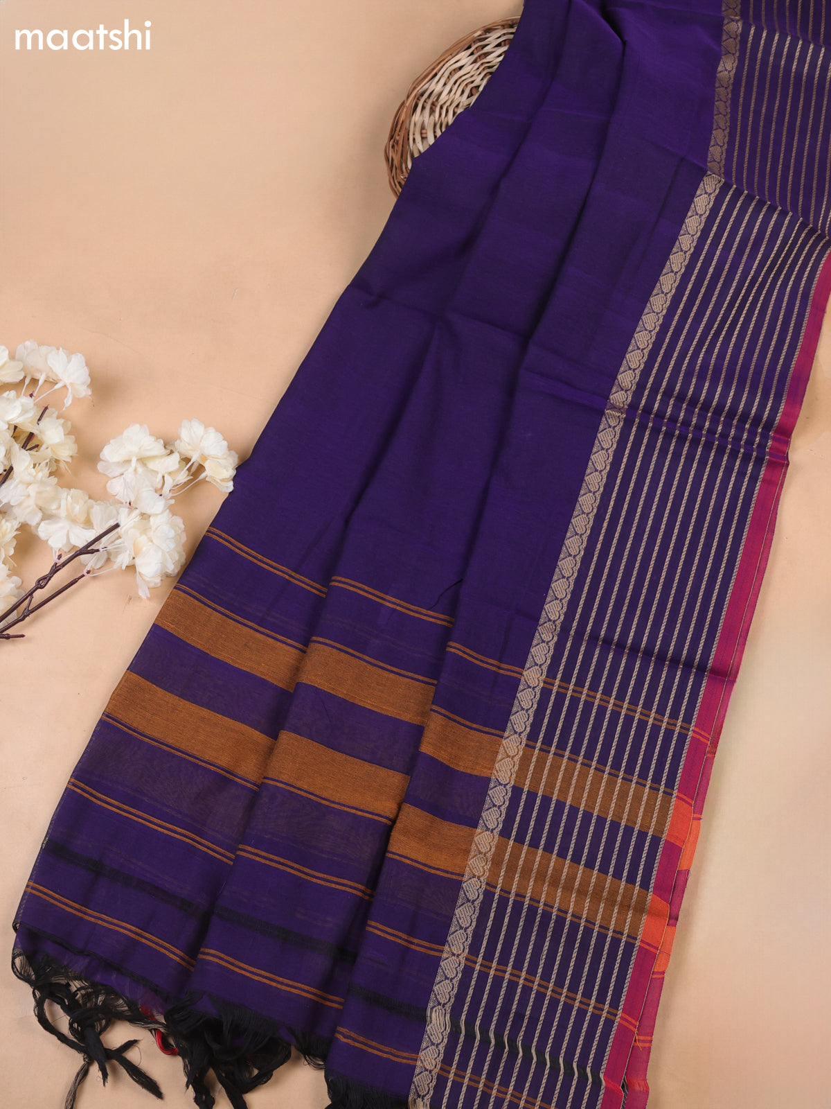 Deep Violet Narayanpet Cotton Dress Materials With A Plain Body and Temple Design Thread-Woven Border