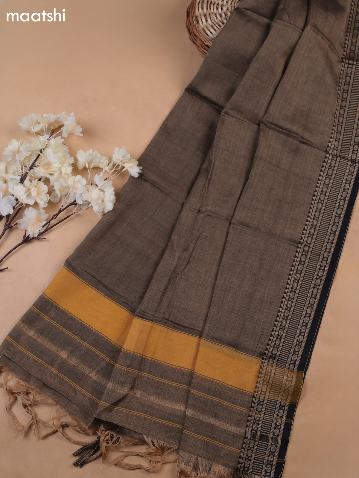 Beige and Black Narayanpet Cotton Dress Materials With A Plain Body and Thread-Woven Border