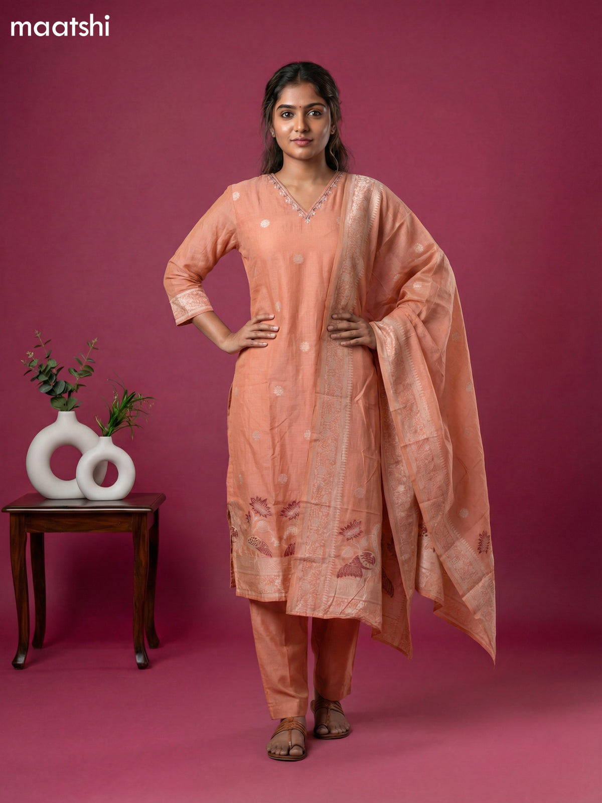 Peach Orange Chanderi Thread Buttas & Embroidery Work Straight Suit Straight Cut Pant