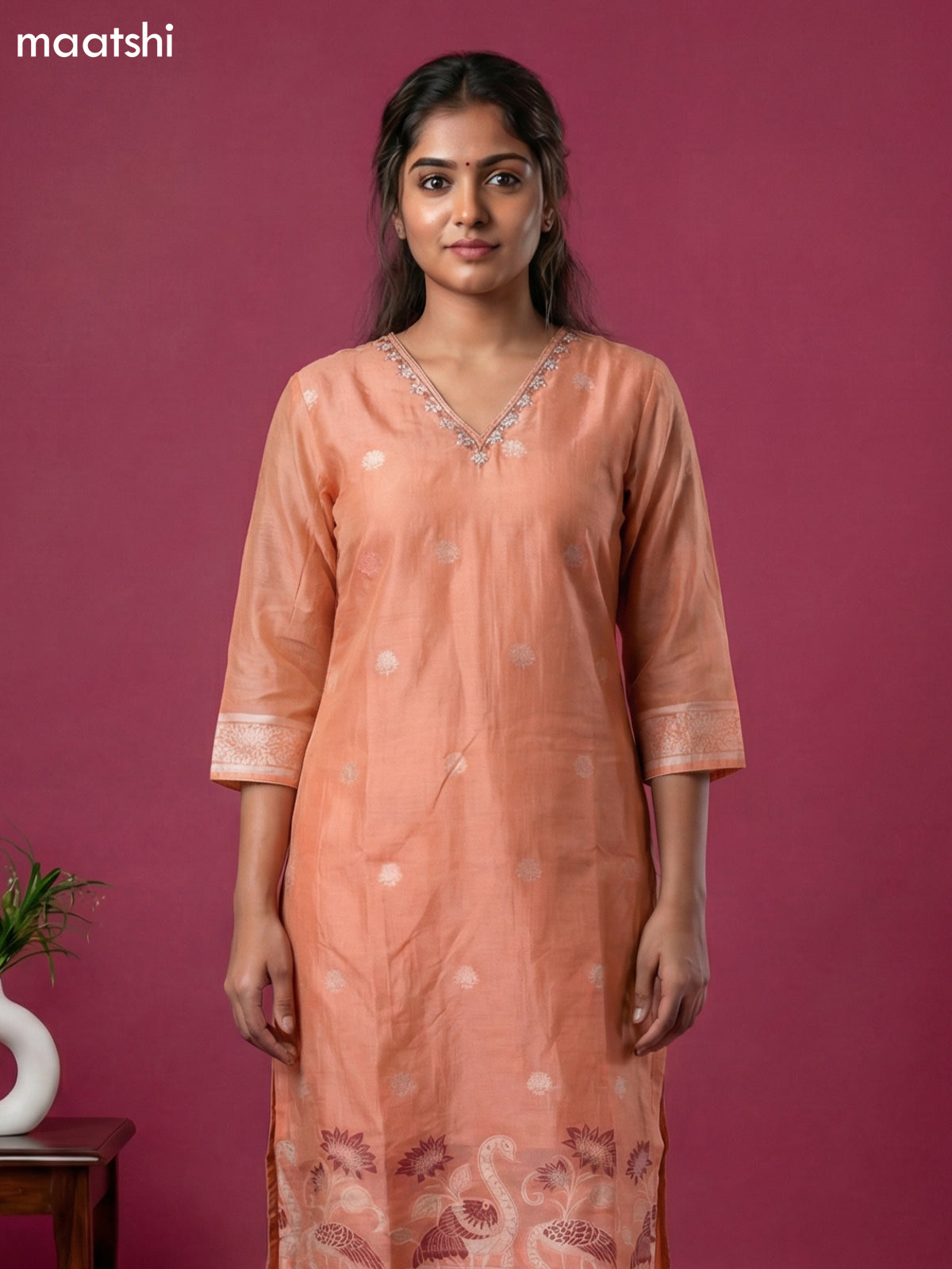 Peach Orange Chanderi Thread Buttas & Embroidery Work Straight Suit Straight Cut Pant