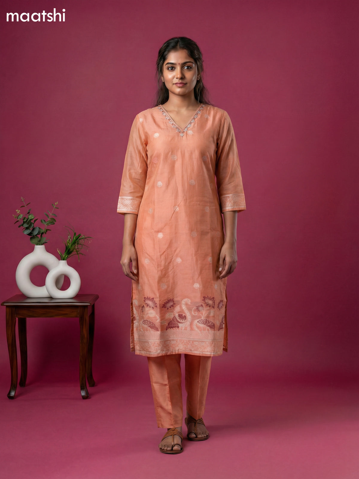 Peach Orange Chanderi Thread Buttas & Embroidery Work Straight Suit Straight Cut Pant