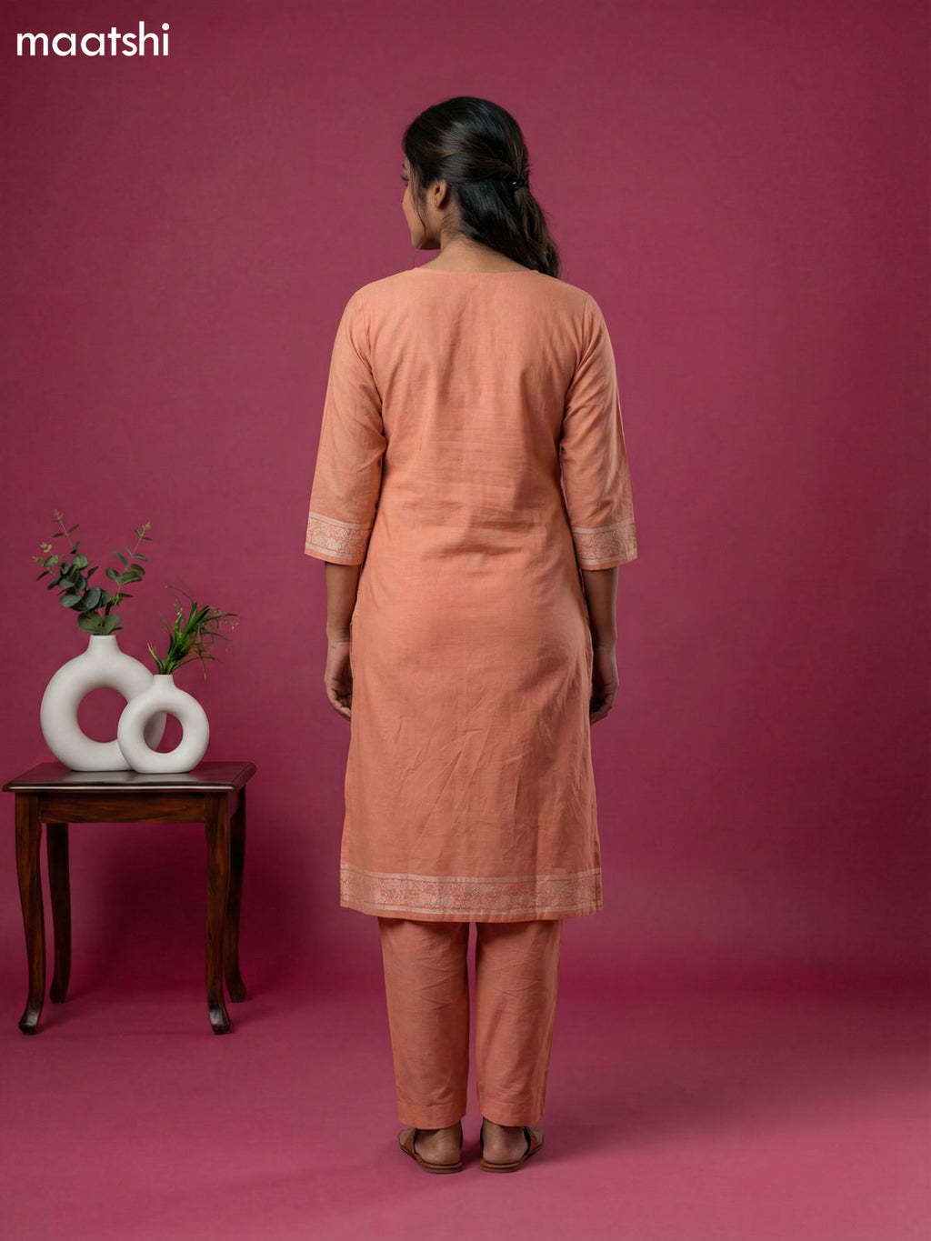 Peach Orange Chanderi Thread Buttas & Embroidery Work Straight Suit Straight Cut Pant