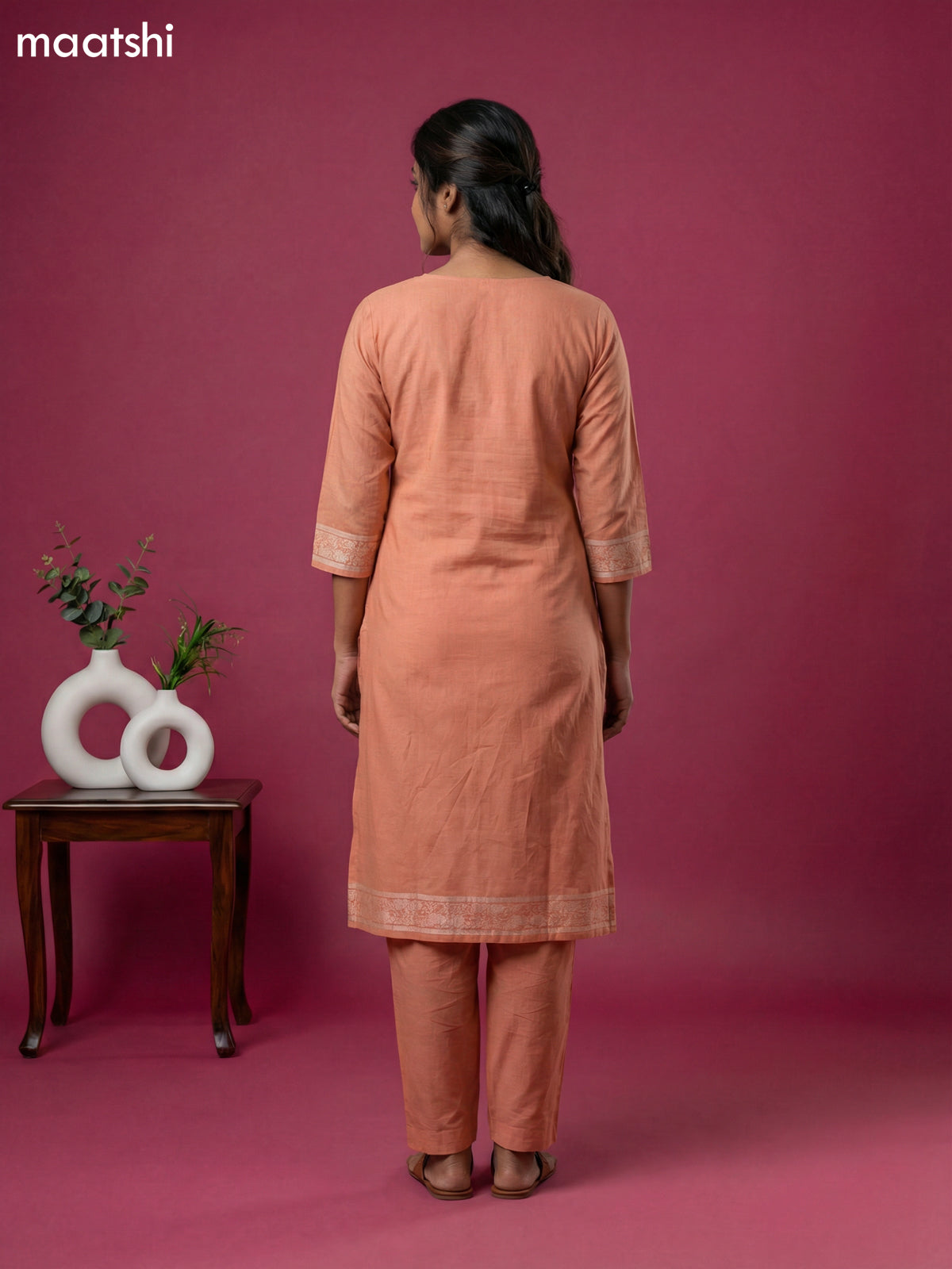 Peach Orange Chanderi Thread Buttas & Embroidery Work Straight Suit Straight Cut Pant