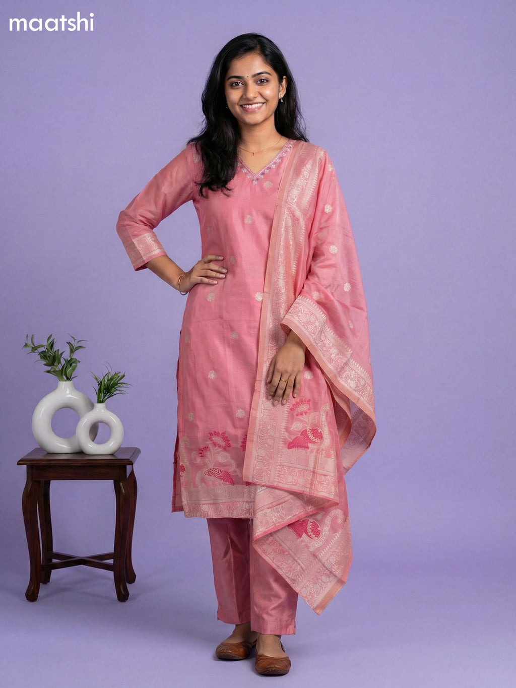 Peach Pink Chanderi Thread Buttas & Embroidery Work Straight Suit Straight Cut Pant