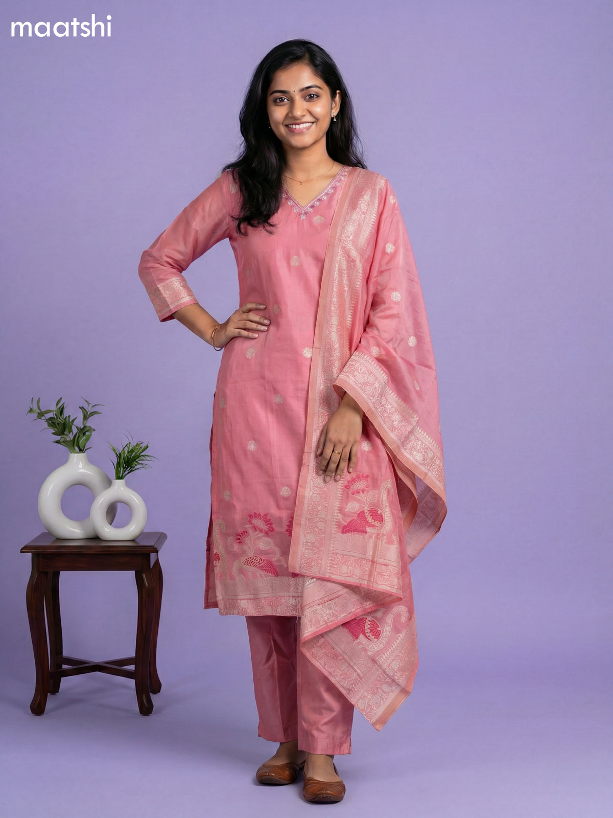 Peach Pink Chanderi Thread Buttas & Embroidery Work Straight Suit Straight Cut Pant