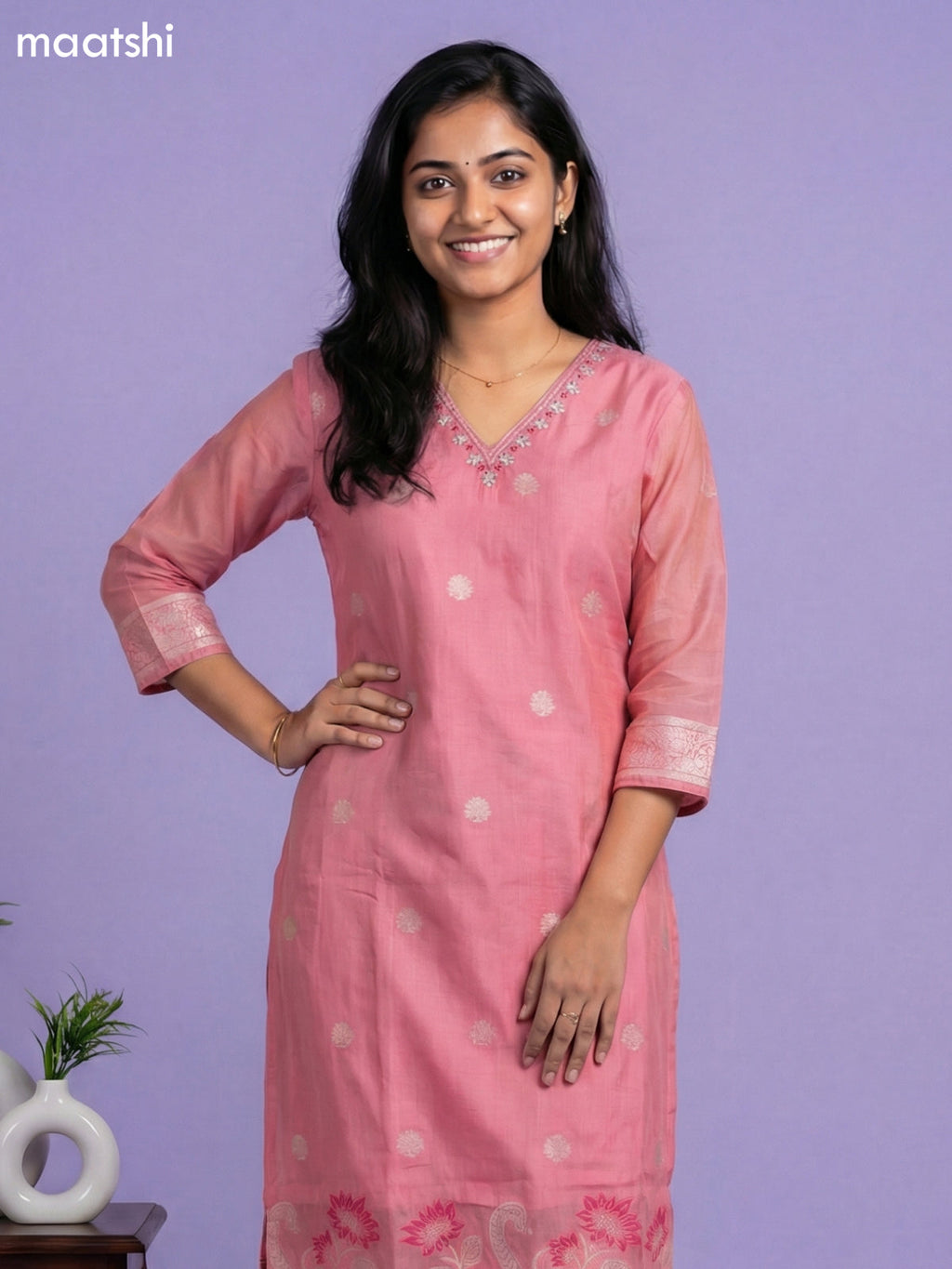 Peach Pink Chanderi Thread Buttas & Embroidery Work Straight Suit Straight Cut Pant