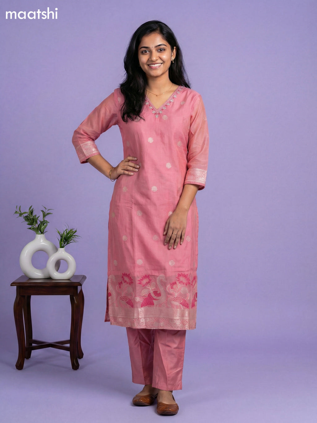 Peach Pink Chanderi Thread Buttas & Embroidery Work Straight Suit Straight Cut Pant