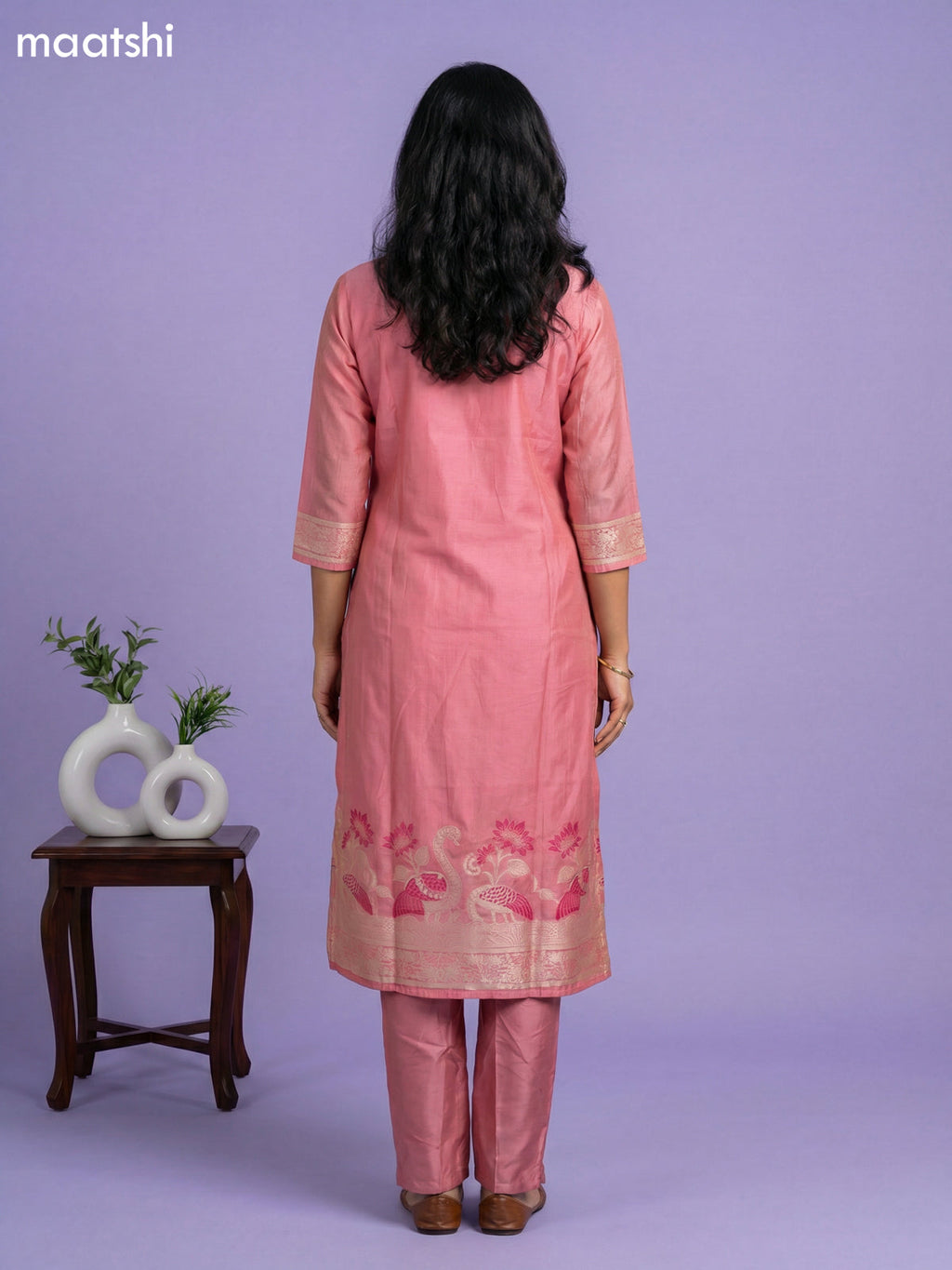 Peach Pink Chanderi Thread Buttas & Embroidery Work Straight Suit Straight Cut Pant