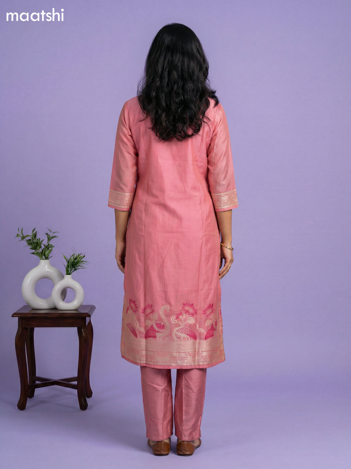 Peach Pink Chanderi Thread Buttas & Embroidery Work Straight Suit Straight Cut Pant