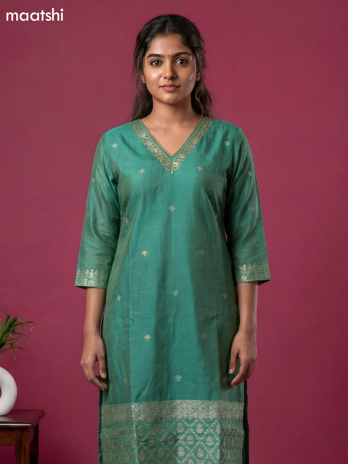 Green Chanderi Zari Buttas & Embroidery Work Straight Suit Straight Cut Pant