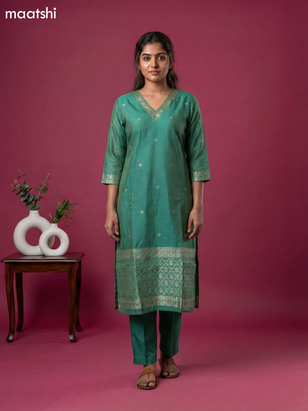 Green Chanderi Zari Buttas & Embroidery Work Straight Suit Straight Cut Pant