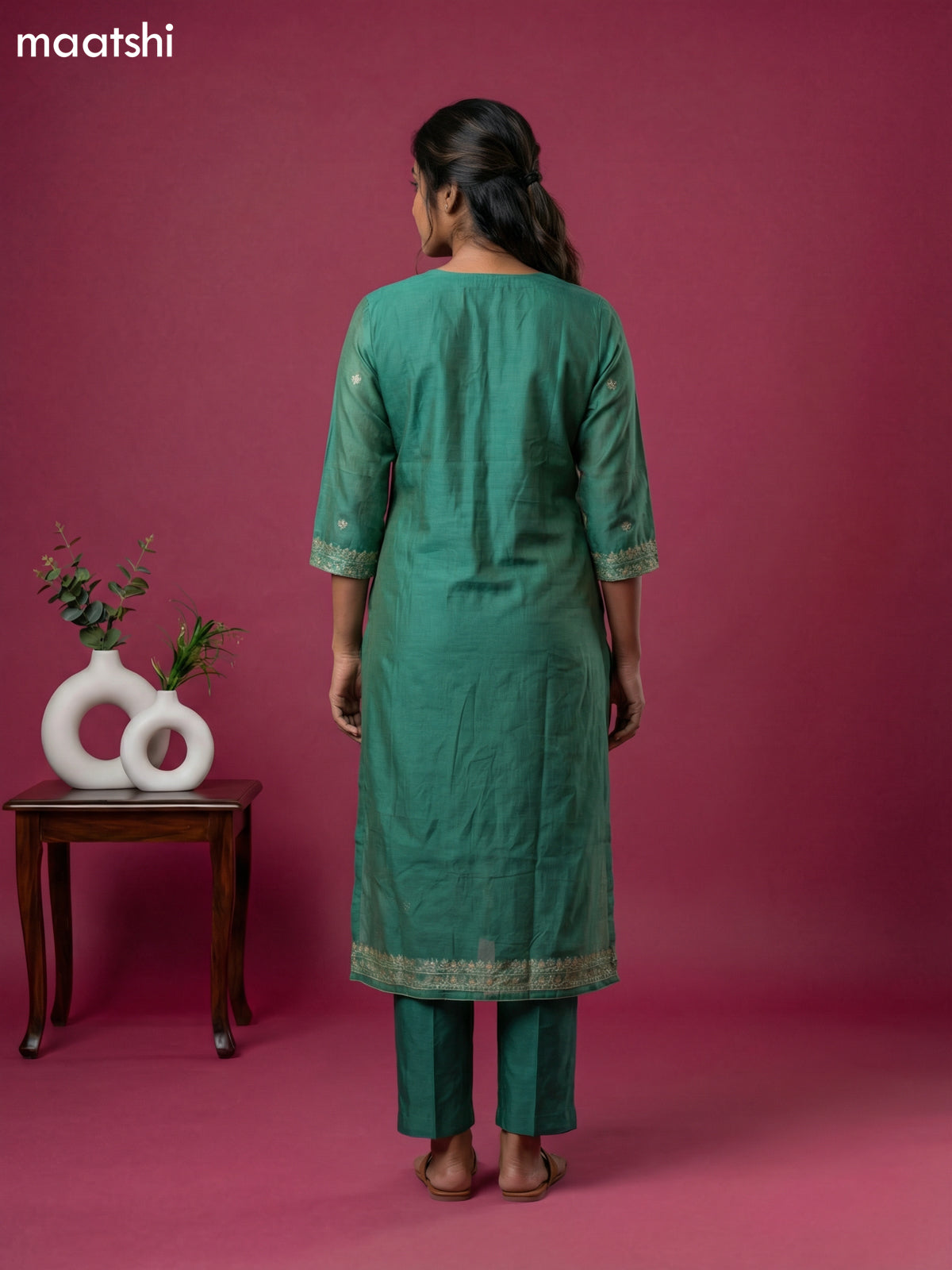 Green Chanderi Zari Buttas & Embroidery Work Straight Suit Straight Cut Pant