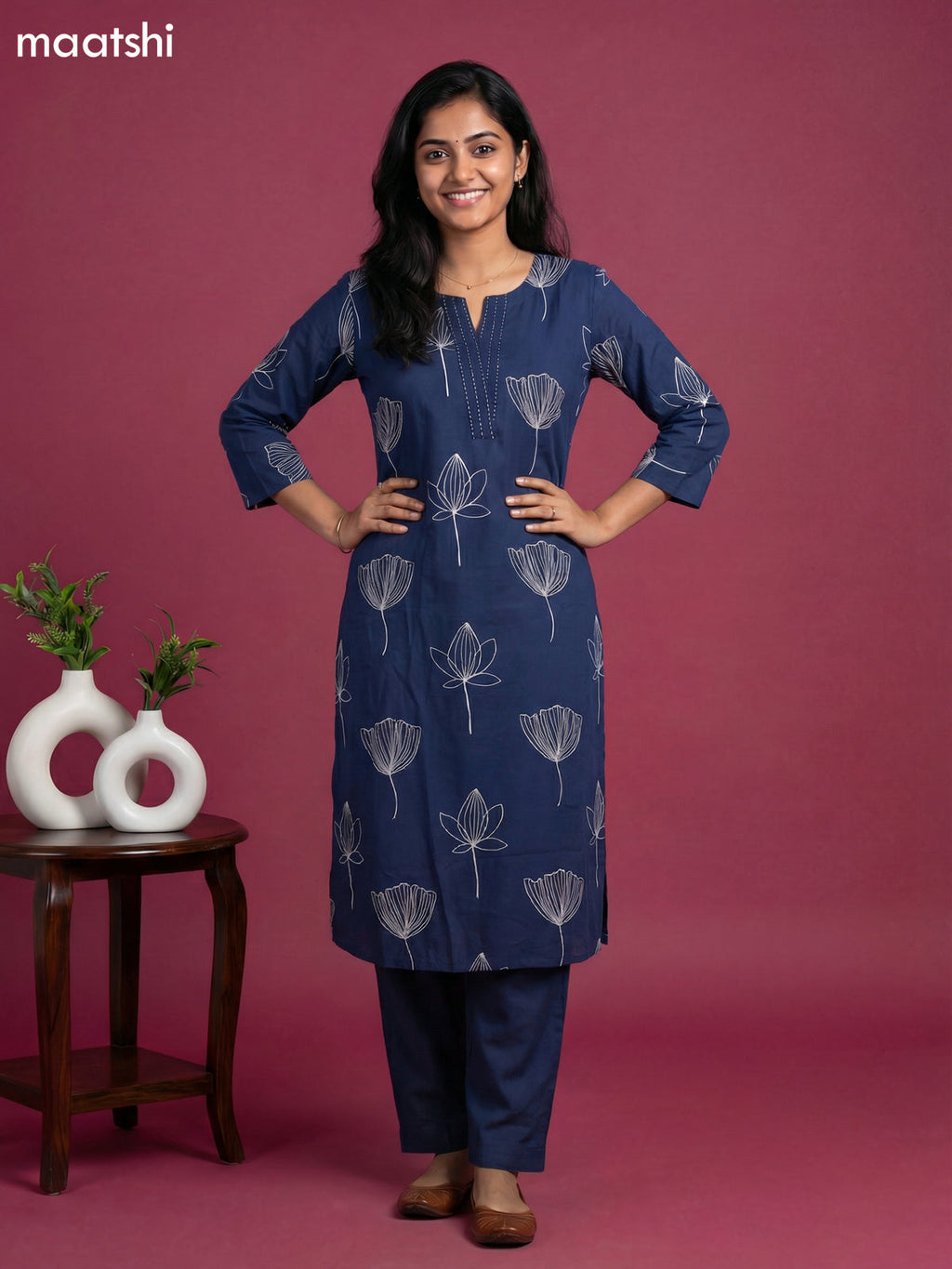Navy Blue Cotton Floral Printed Kurti Set
