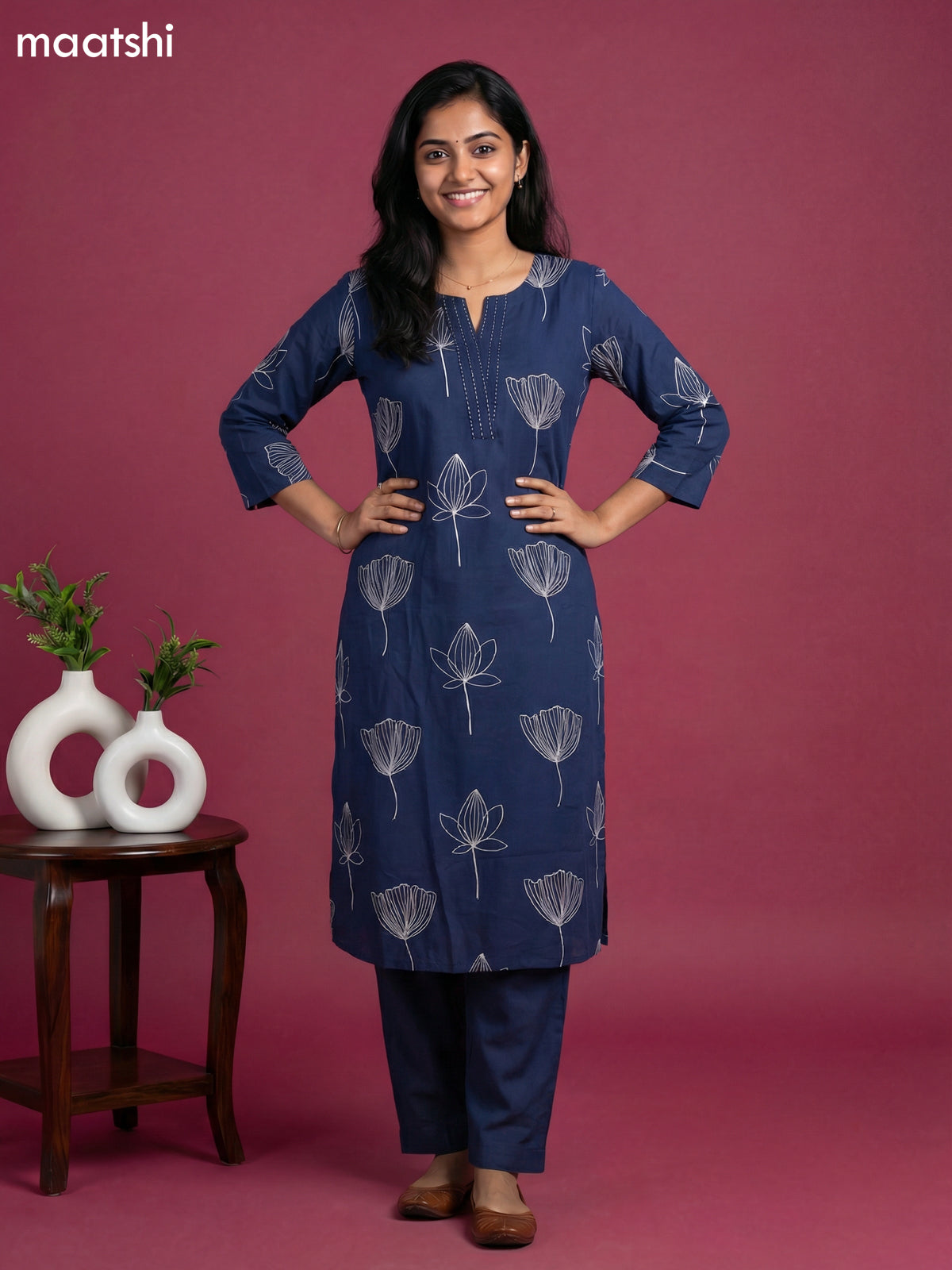 Navy Blue Cotton Floral Printed Kurti Set