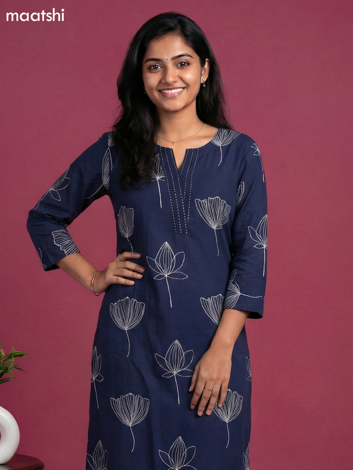 Navy Blue Cotton Floral Printed Kurti Set