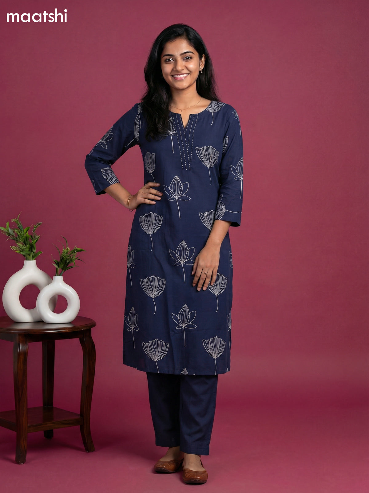 Navy Blue Cotton Floral Printed Kurti Set