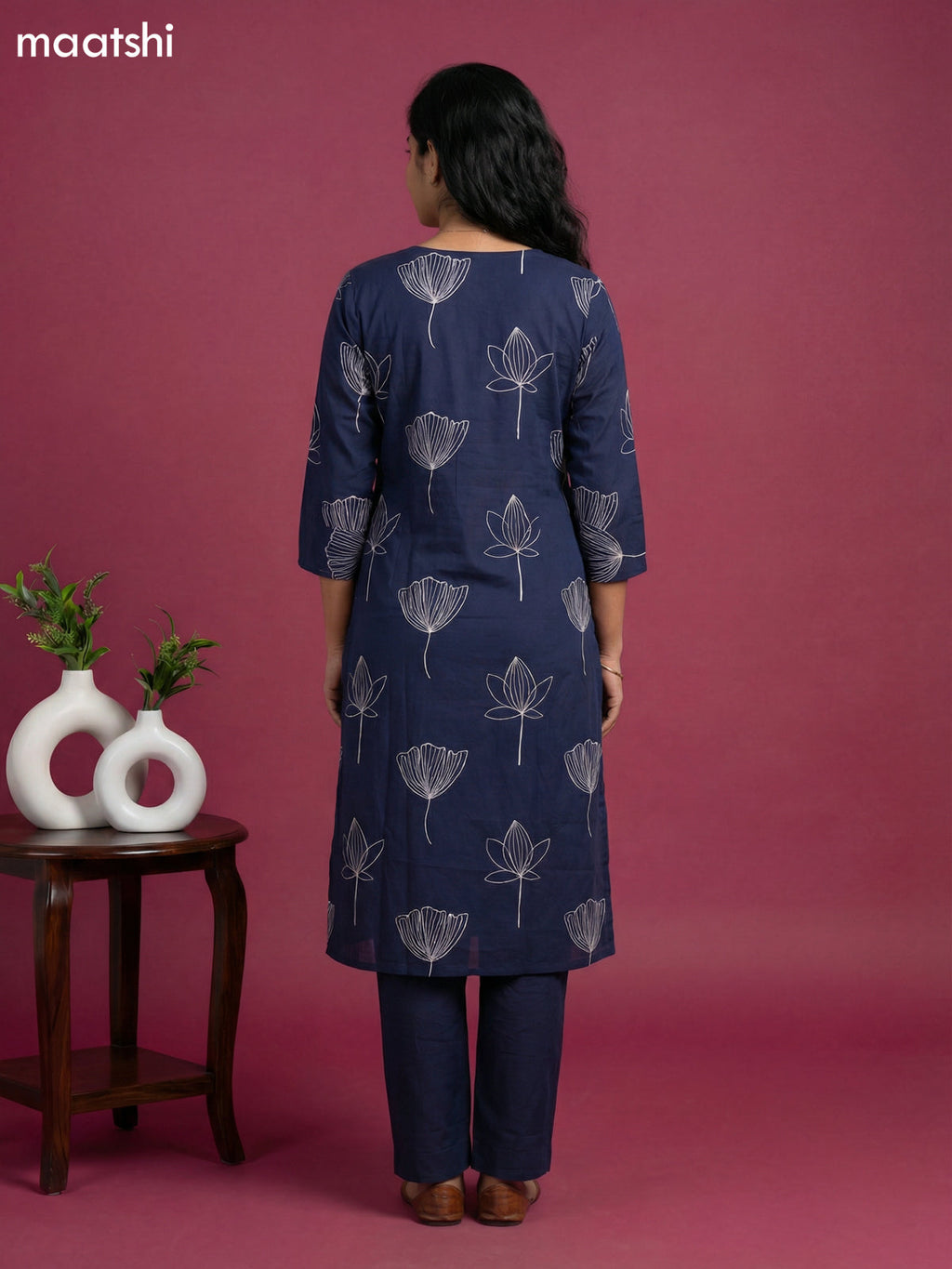 Navy Blue Cotton Floral Printed Kurti Set