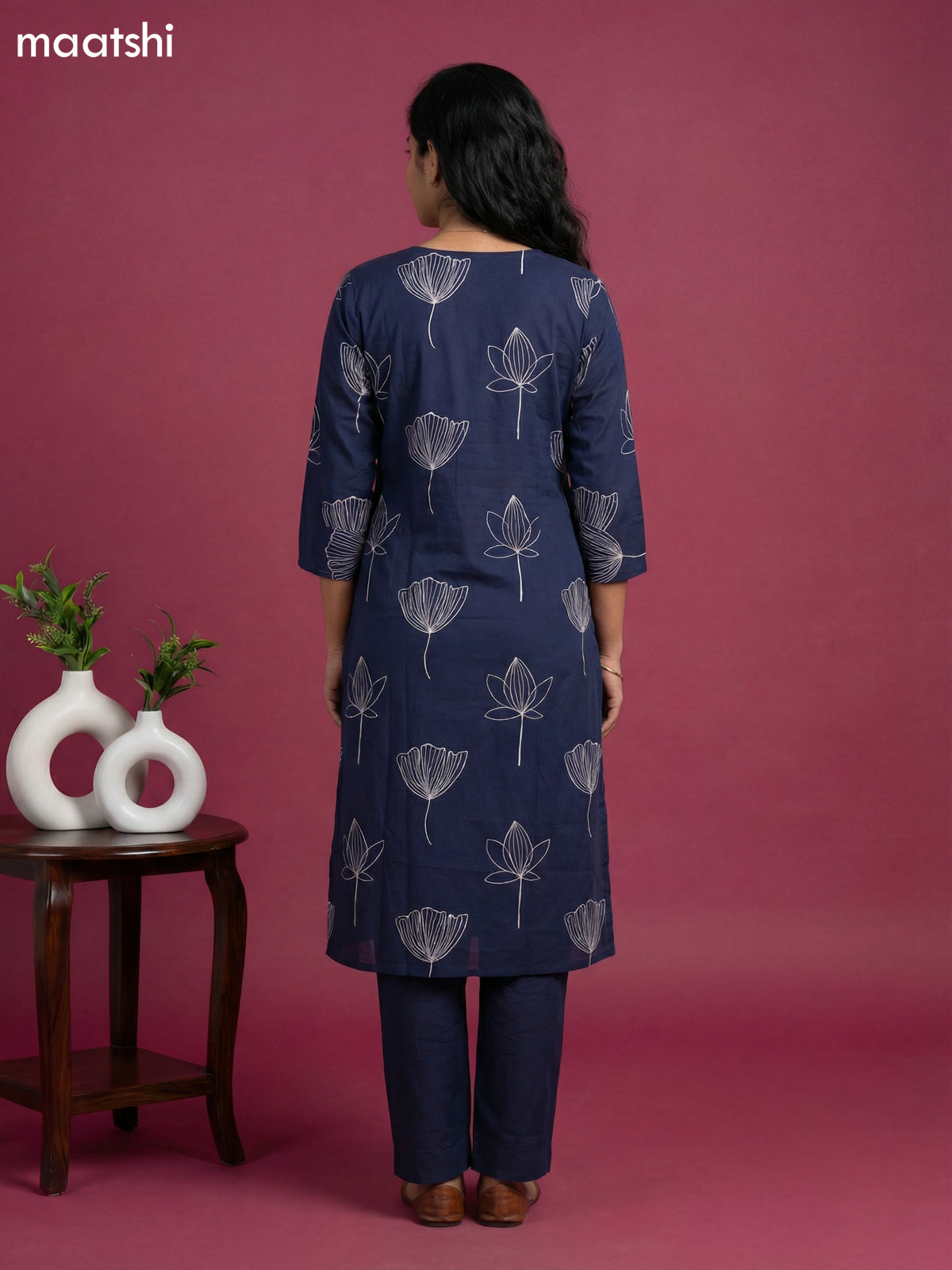 Navy Blue Cotton Floral Printed Kurti Set