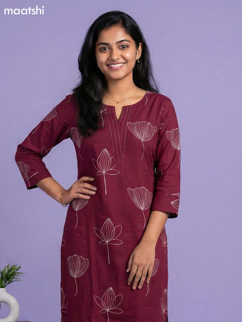 Magenta Pink Cotton Floral Printed Kurti Set
