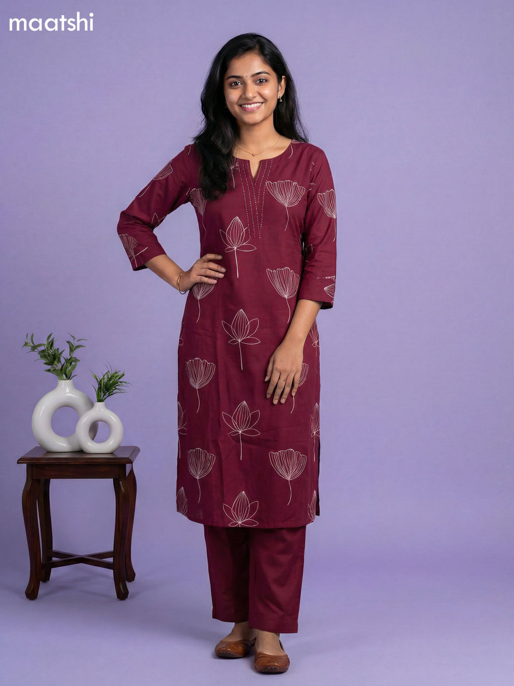 Magenta Pink Cotton Floral Printed Kurti Set