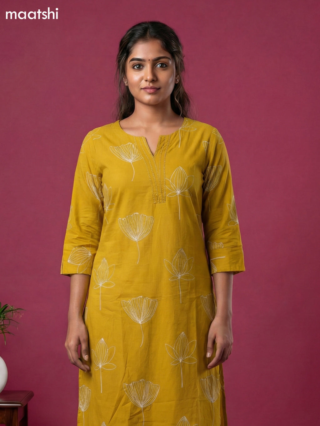 Mustard Yellow Cotton Floral Printed Kurti Set