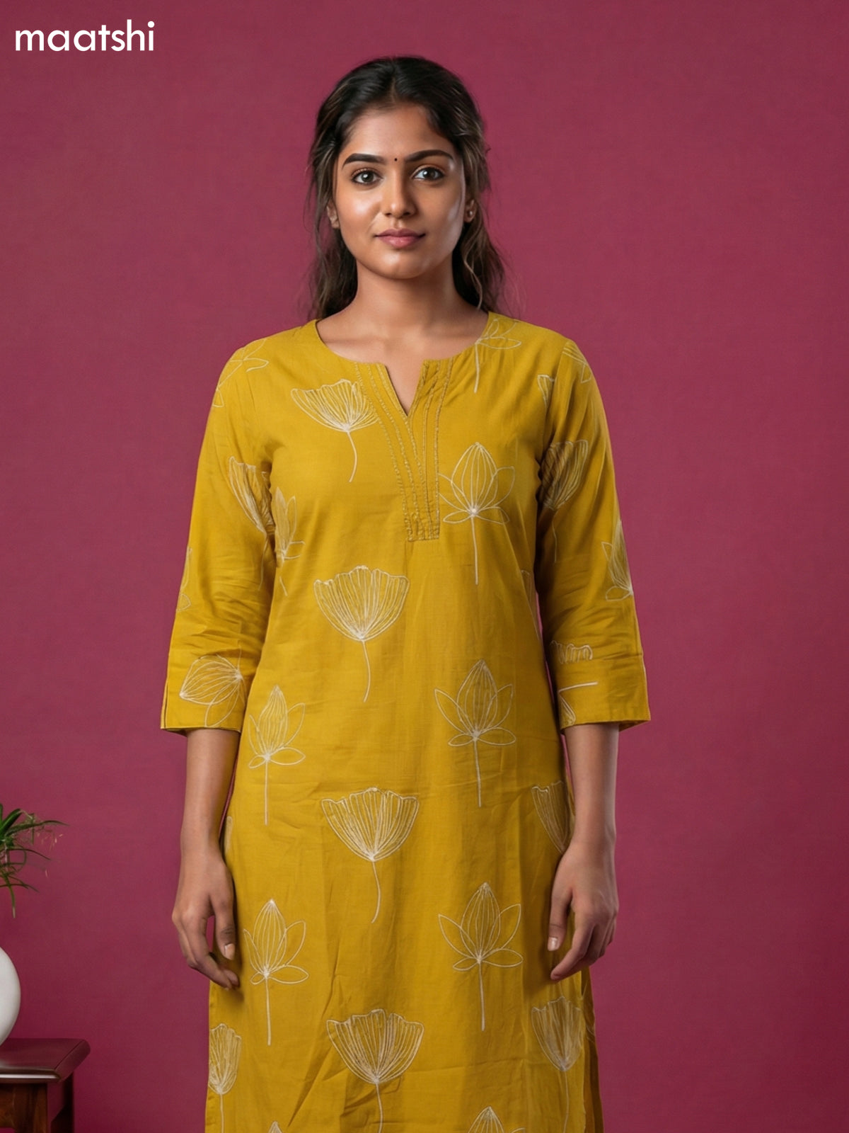 Mustard Yellow Cotton Floral Printed Kurti Set