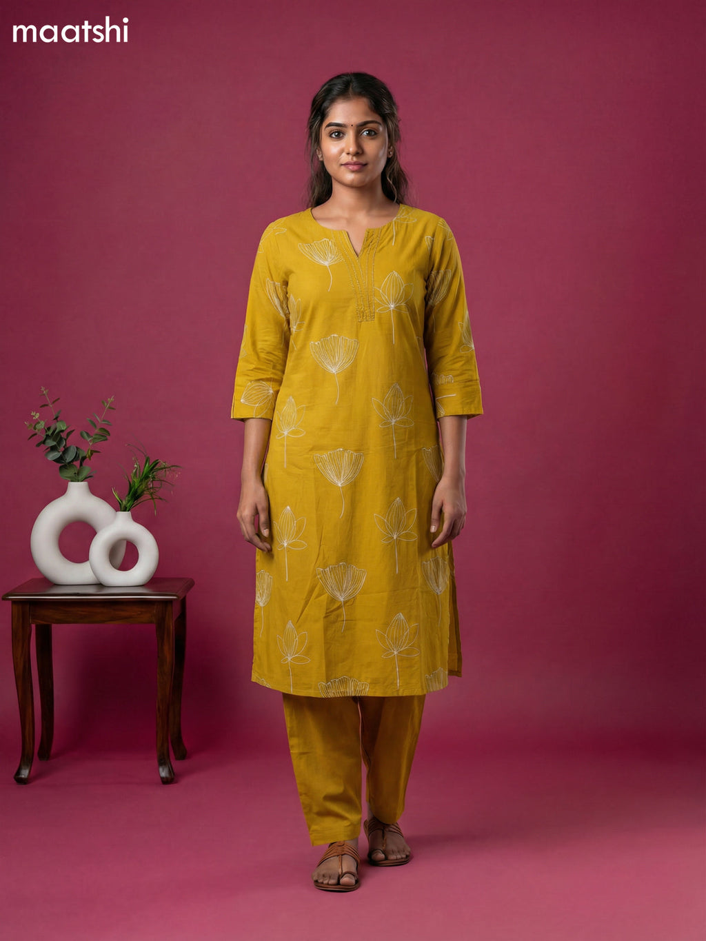 Mustard Yellow Cotton Floral Printed Kurti Set