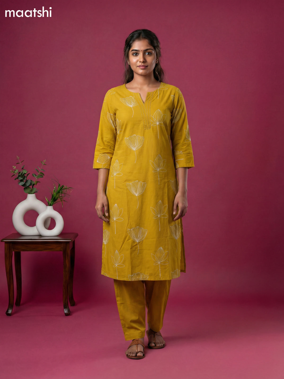 Mustard Yellow Cotton Floral Printed Kurti Set