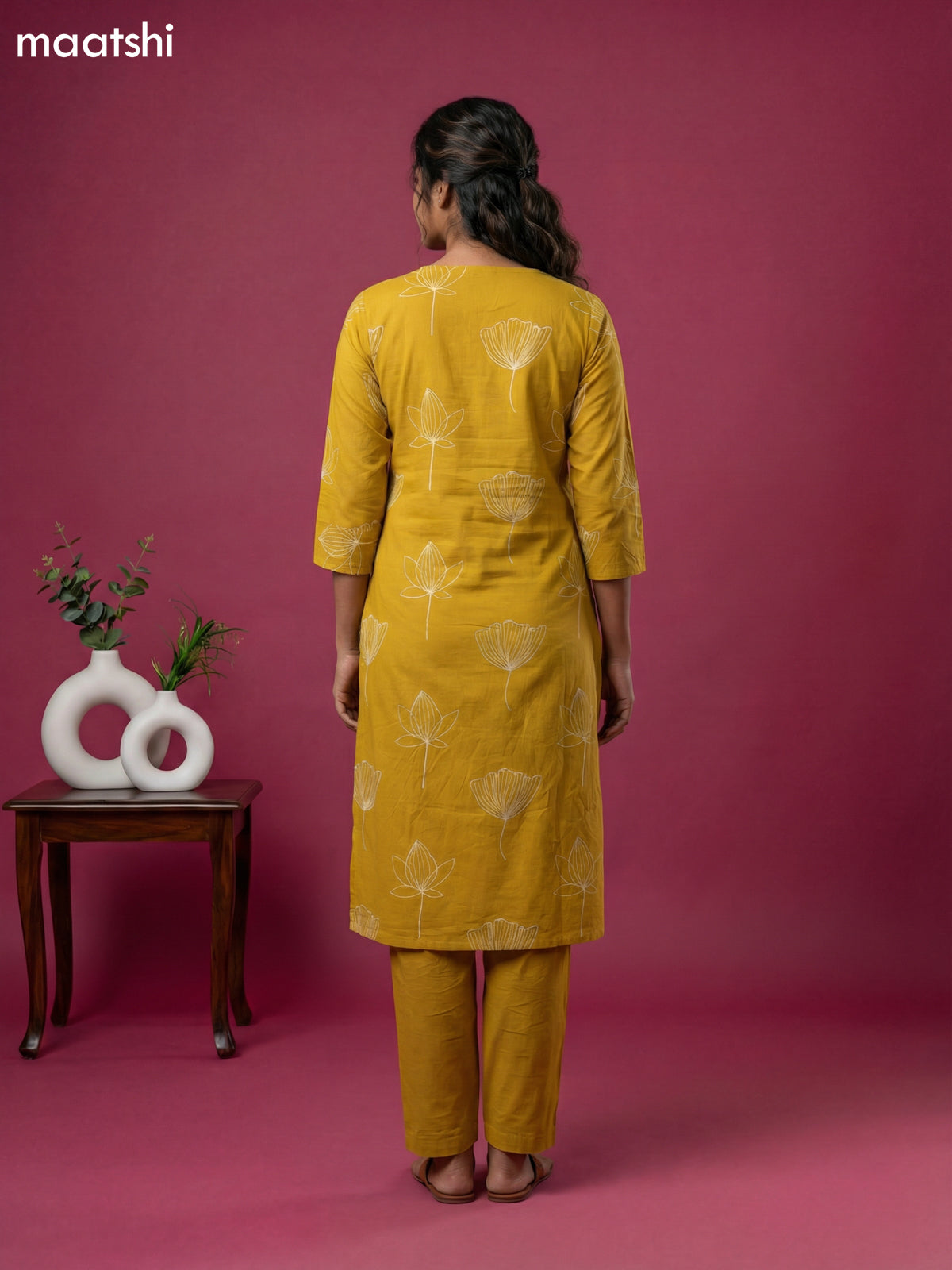 Mustard Yellow Cotton Floral Printed Kurti Set