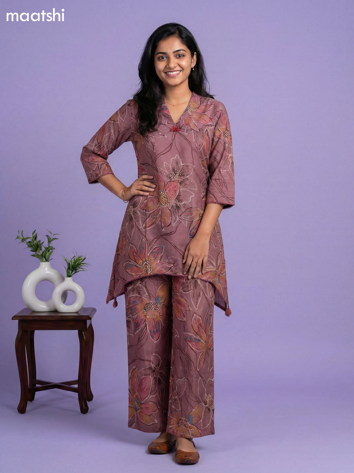 Mauve Pink Semi Silk Floral Printed Short Co-Ord Set