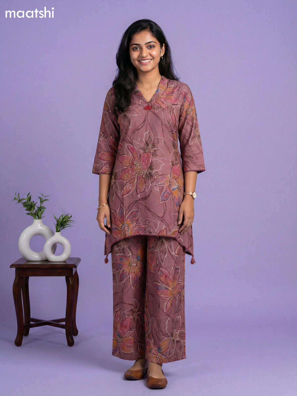 Mauve Pink Semi Silk Floral Printed Short Co-Ord Set