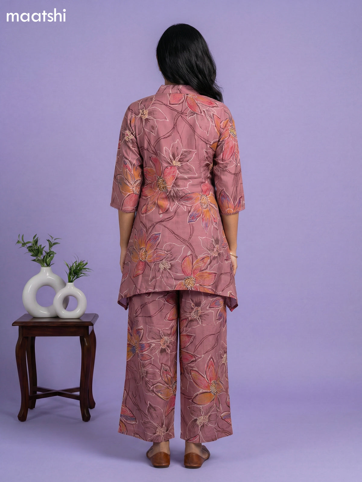 Mauve Pink Semi Silk Floral Printed Short Co-Ord Set
