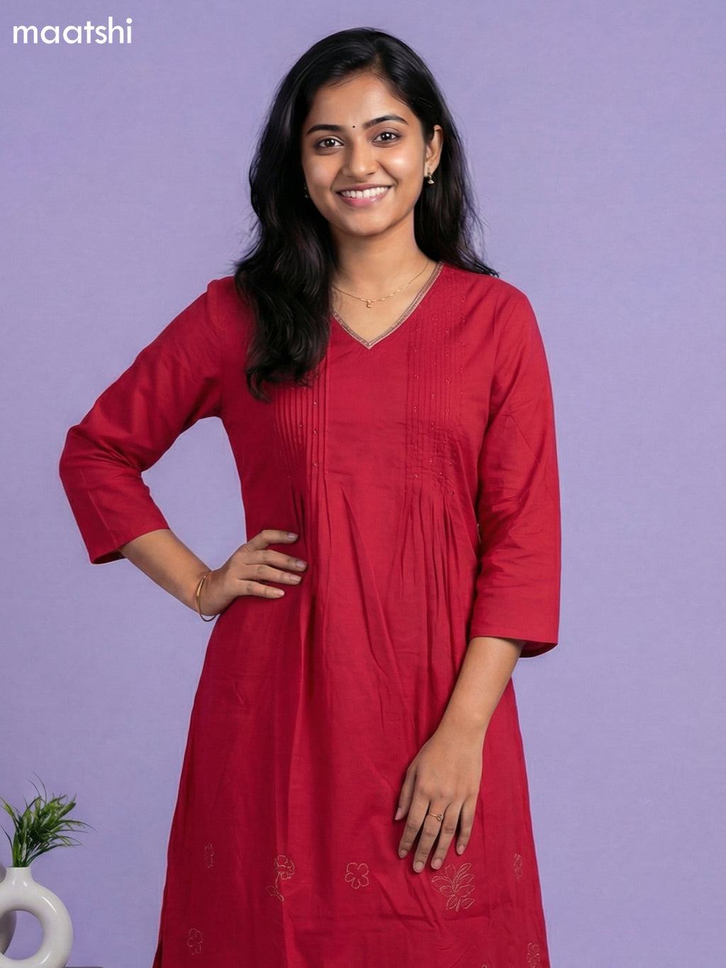 Pink Cotton Simple Lace Work Neck Pattern Kurti Set