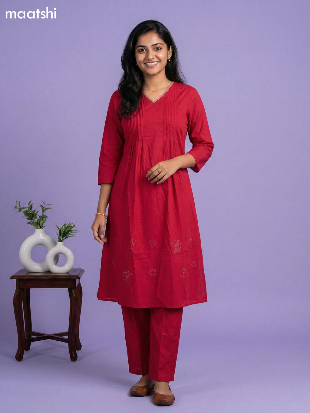 Pink Cotton Simple Lace Work Neck Pattern Kurti Set