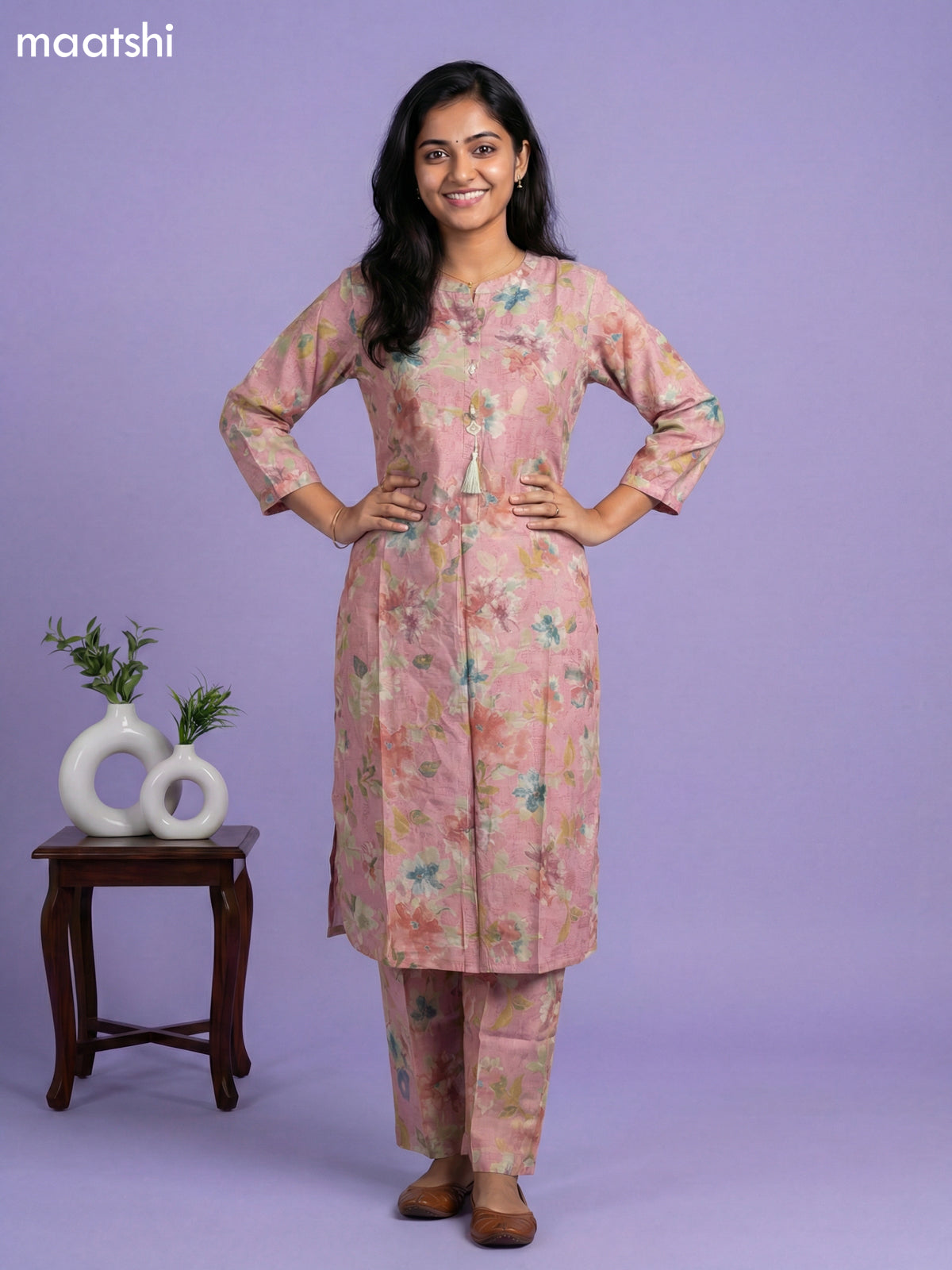 Peach Semi Silk Floral Printed Co-Ord Set