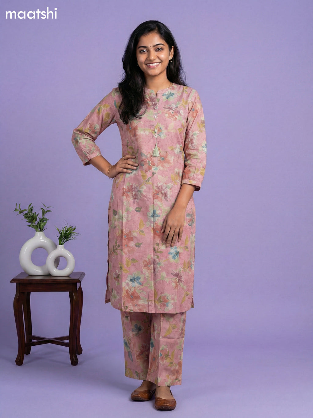 Peach Semi Silk Floral Printed Co-Ord Set