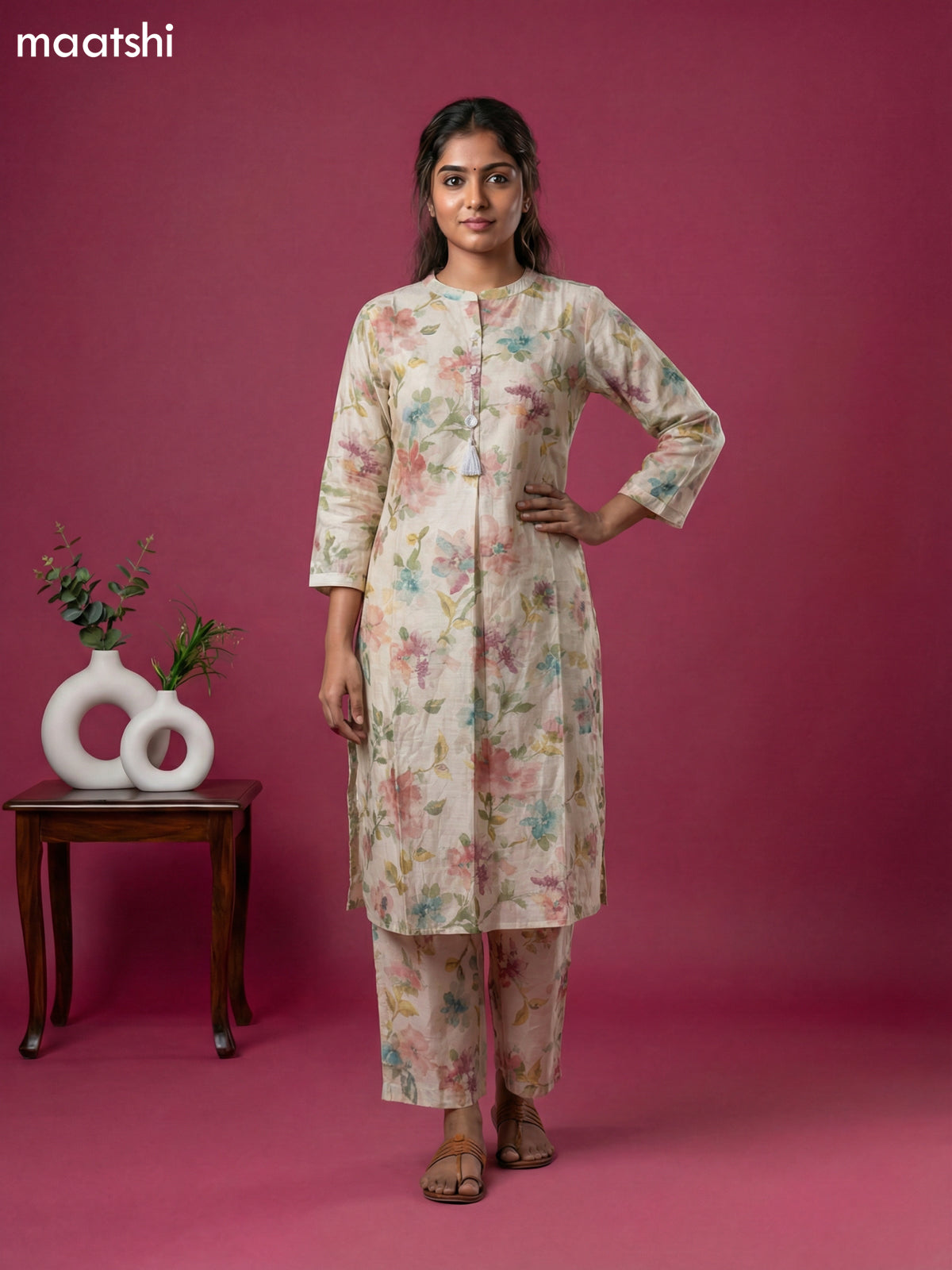 Cream Semi Silk Floral Printed Co-Ord Set