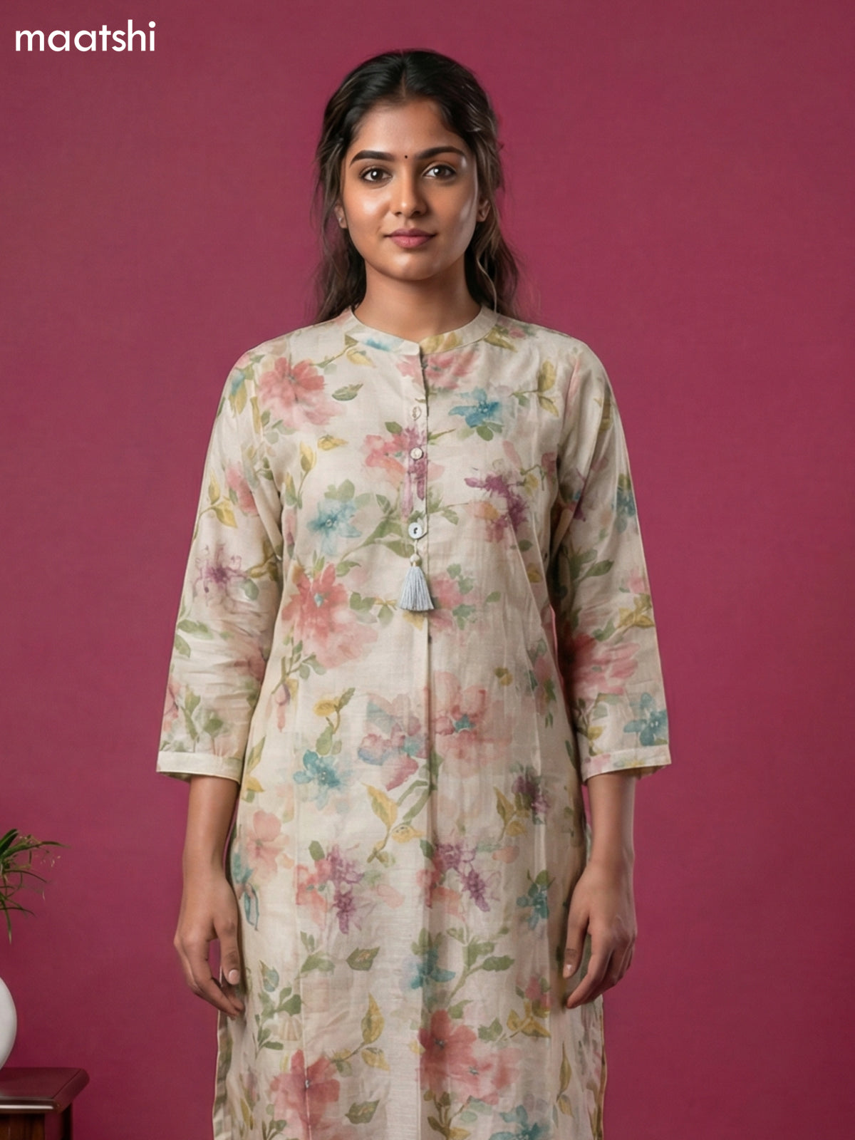 Cream Semi Silk Floral Printed Co-Ord Set