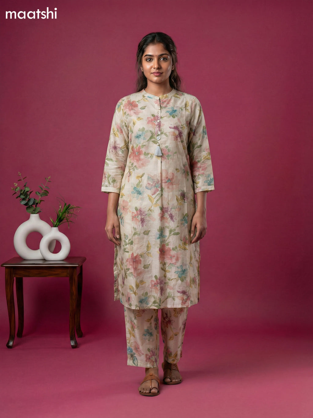 Cream Semi Silk Floral Printed Co-Ord Set