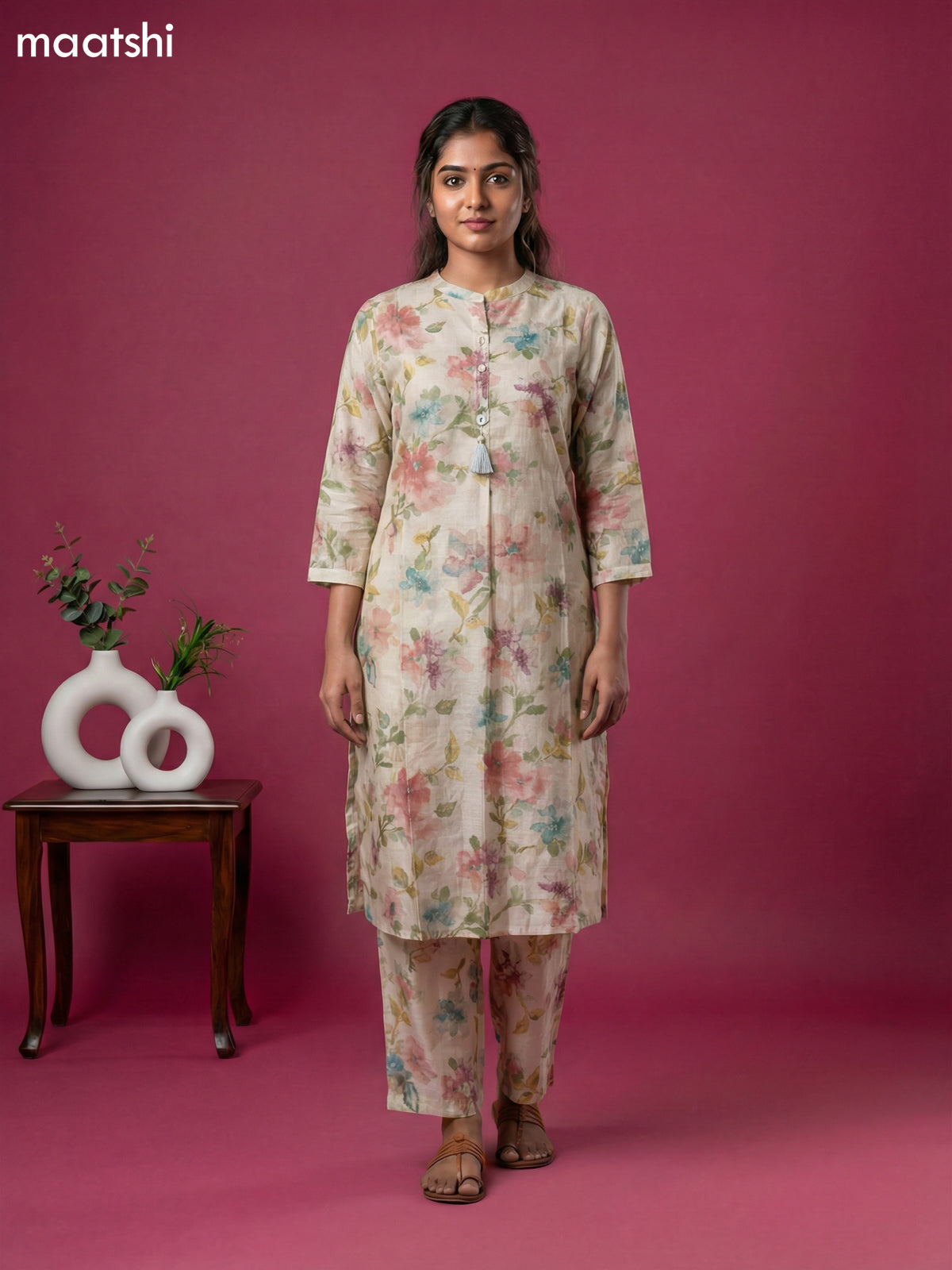 Cream Semi Silk Floral Printed Co-Ord Set