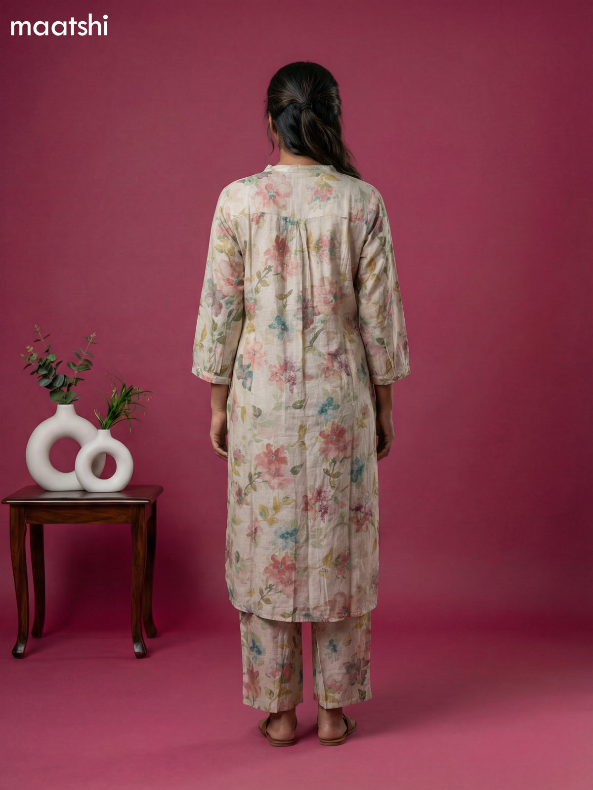 Cream Semi Silk Floral Printed Co-Ord Set