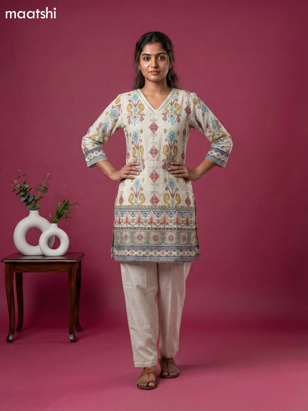 Cream Cotton Ikat Weaves Short Kurti Set