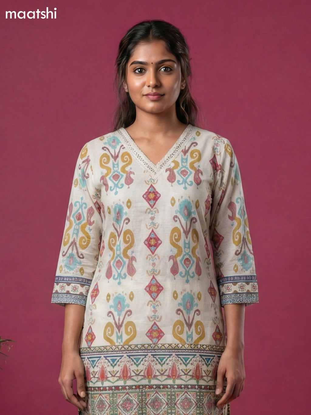 Cream Cotton Ikat Weaves Short Kurti Set